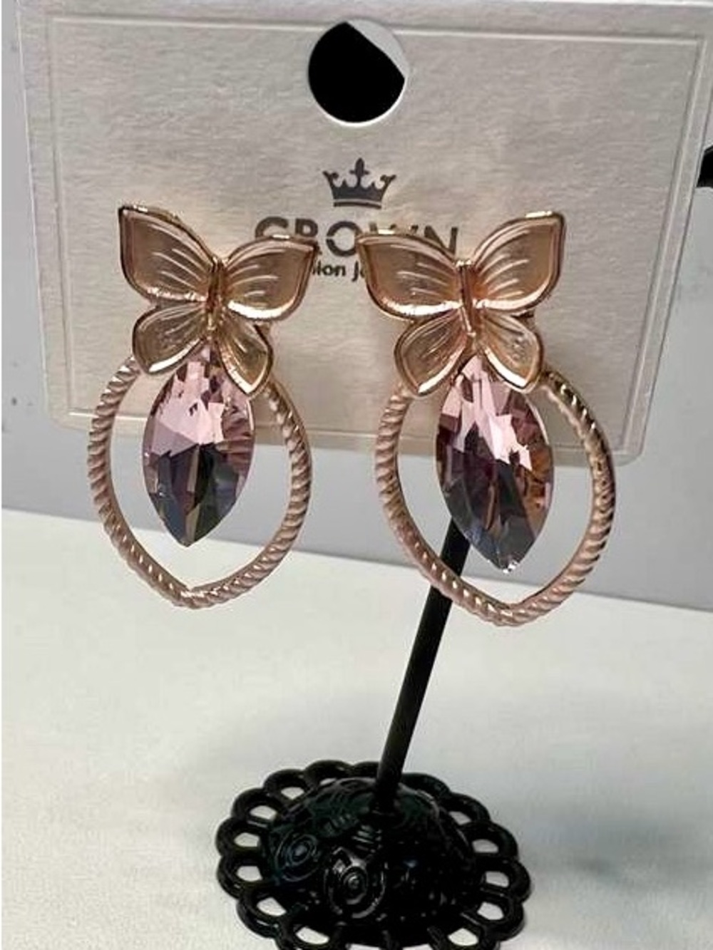 Crown Rose Gold Butterfly Hoop Earrings with Pink  Marquis